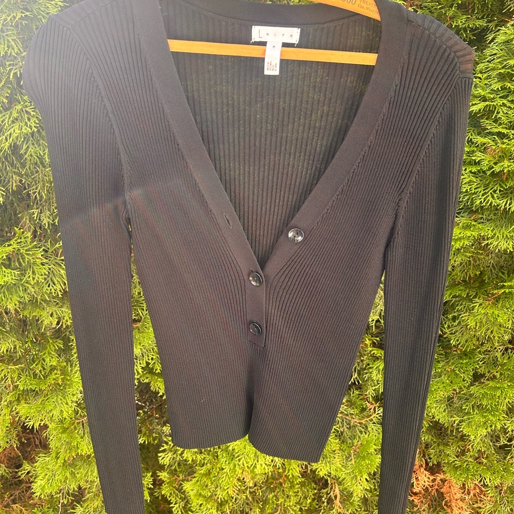 Leith Black Ribbed Cardigan Sweater